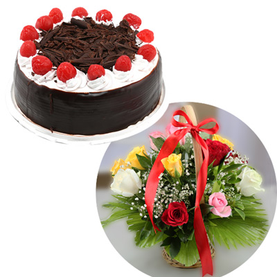 "Round shape black forest cake - 1kg + 12 mixed roses flower basket - Click here to View more details about this Product